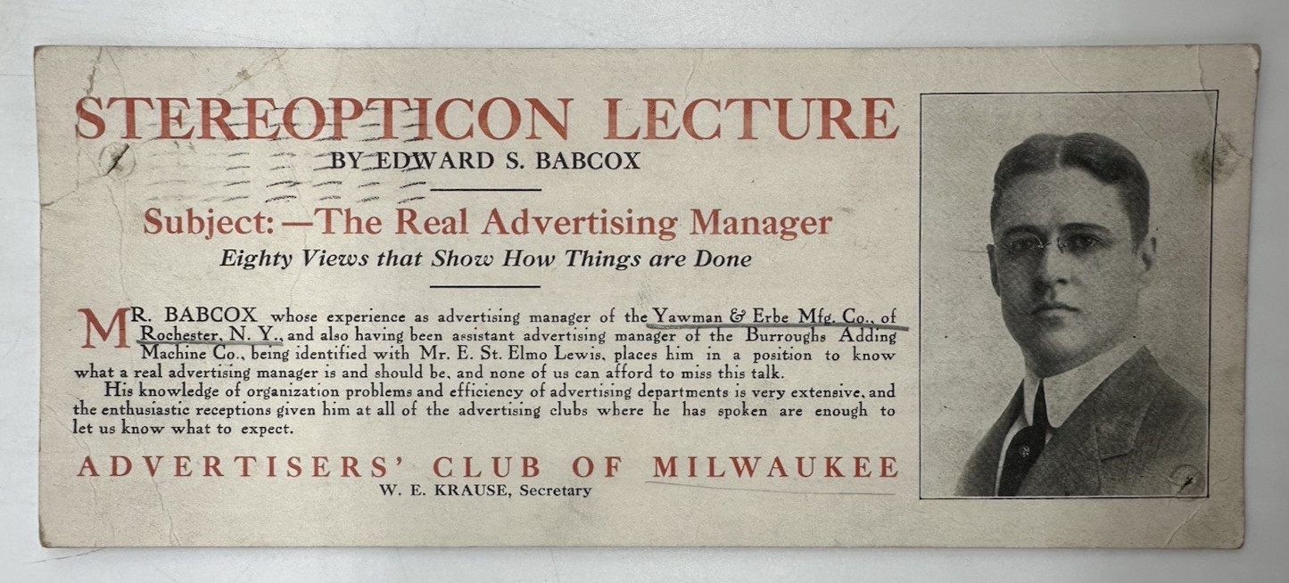 1911 Milwaukee Ad Club Meet Postal Card Invitation Edward S. Babcox Stereopticon