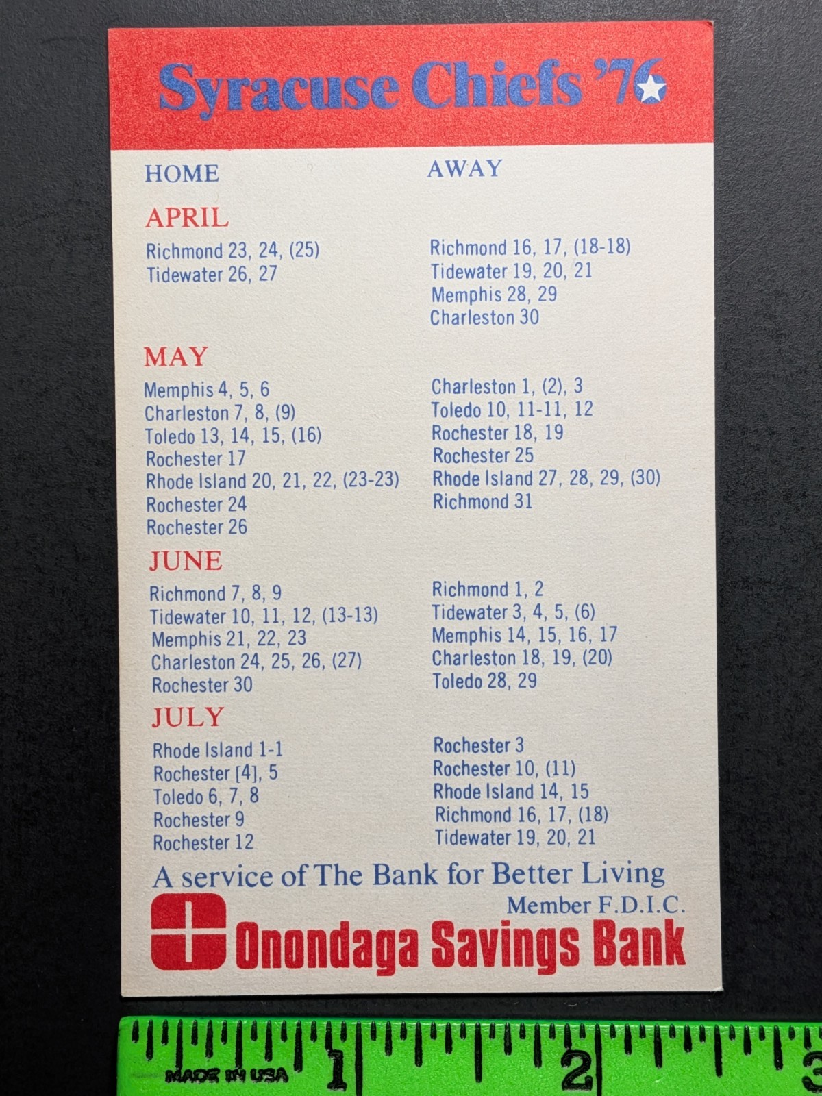 Syracuse Chiefs 1976 Baseball Pocket Schedule