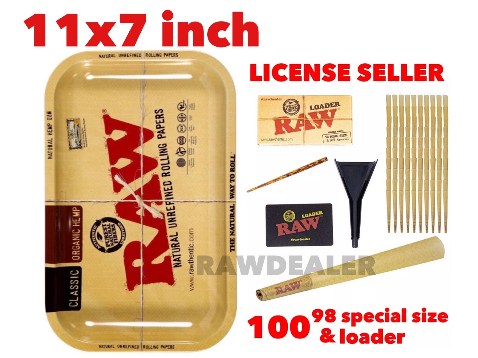RAW Classic 98 special size Cone(100 pk)+raw cone loader+raw rolling 11×7 tray