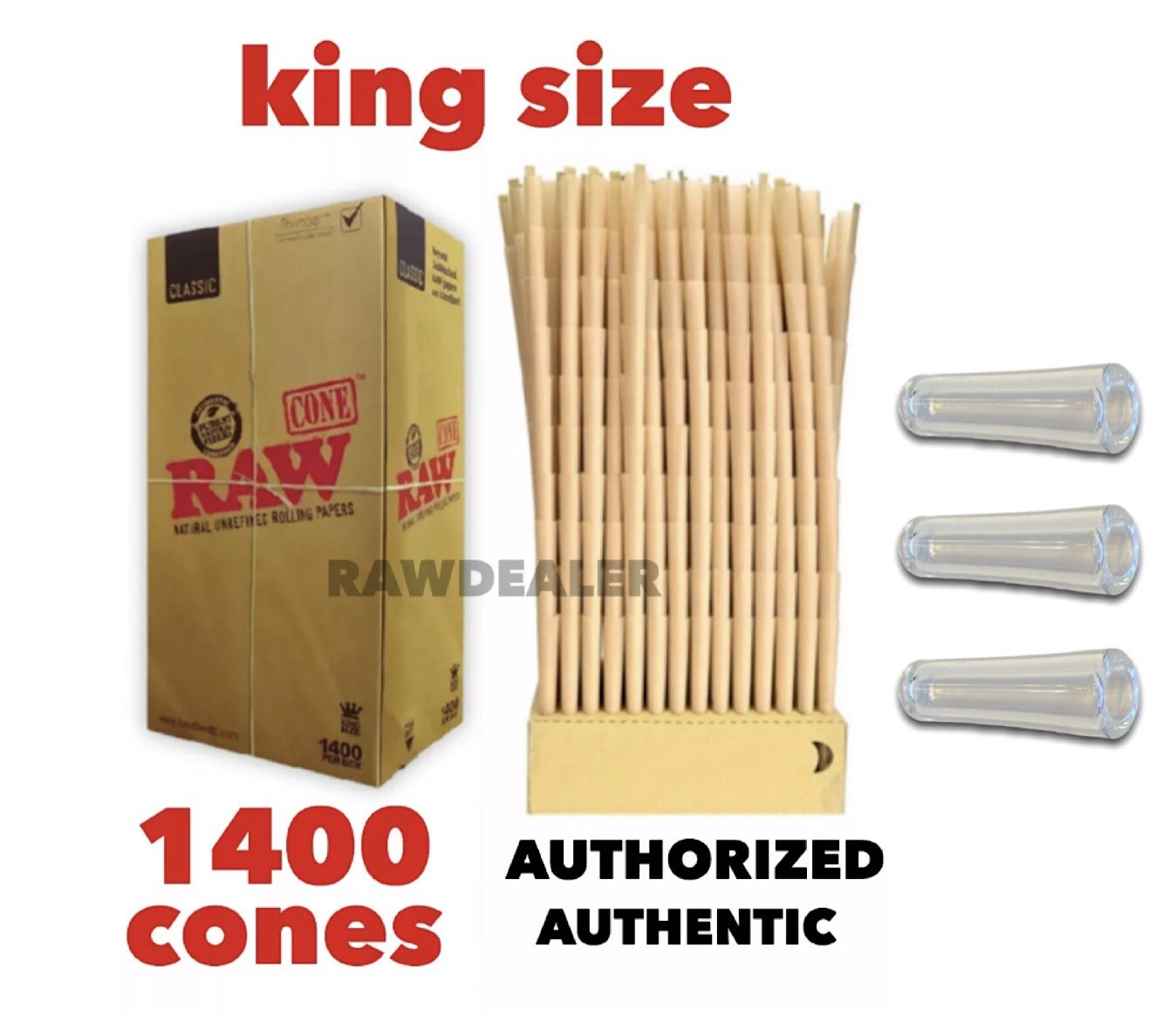 RAW classic king size pre rolled cone 1400 pack FULL BOX+3 glass cone holder tip