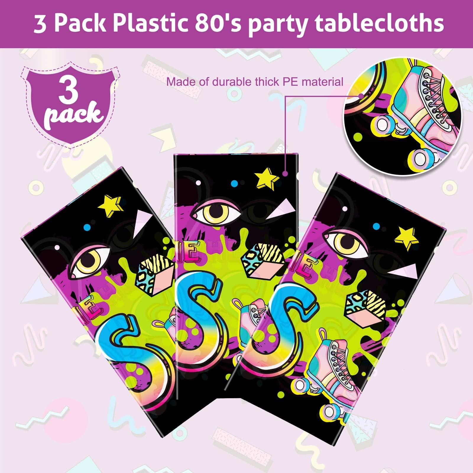 Kasyat 3 Pieces 80s Plastic Party Tablecloth 80’s Table Cover 80’s Birthday S…