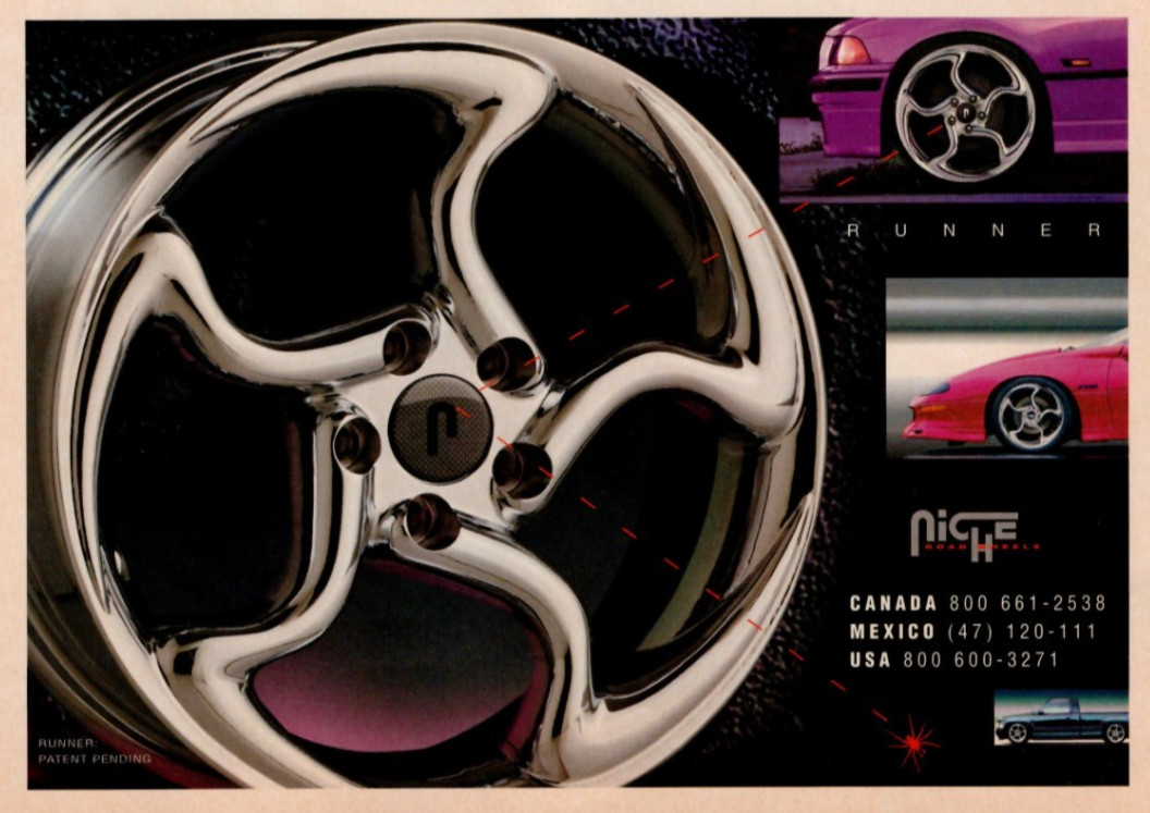 Niche Road Wheels Runner Canada USA Mexico c1997 VTG Lowrider Print Ad 4×8″
