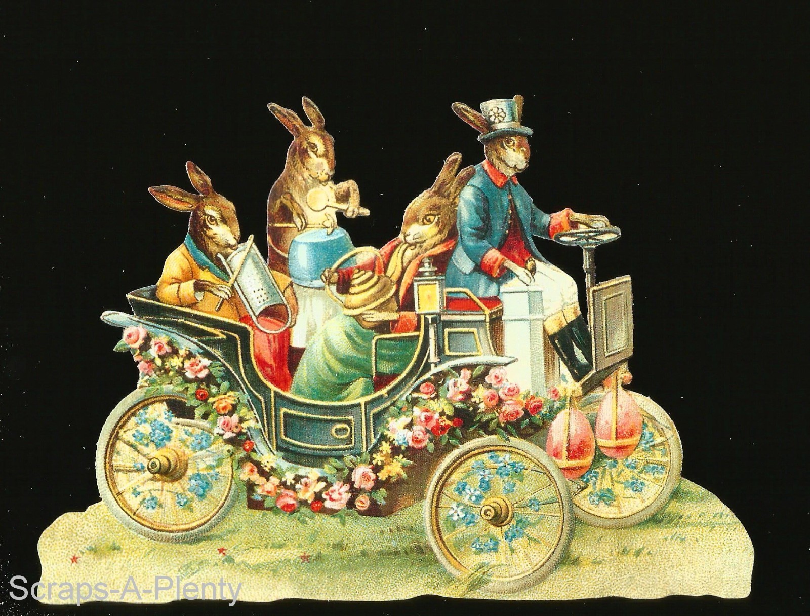 German Vintage Style Scrap Die Cut- Large Easter Bunny & Car BK5112