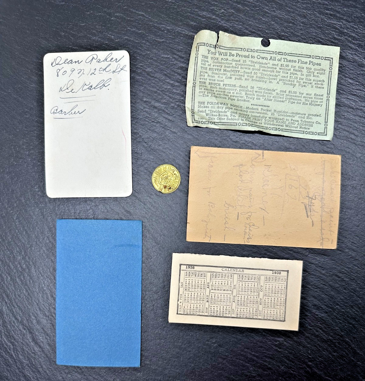 1930’S-1970’S ASSORTED RECEIPTS, BUSINESS CARDS, POCKET CALENDARS + FP373