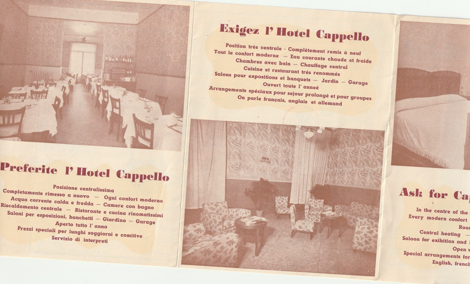 1949 BROCHURE – HOTEL CAPPELLO ITALY – MAP – INSERTS – ROOM PHOTOS – RESTAURANT