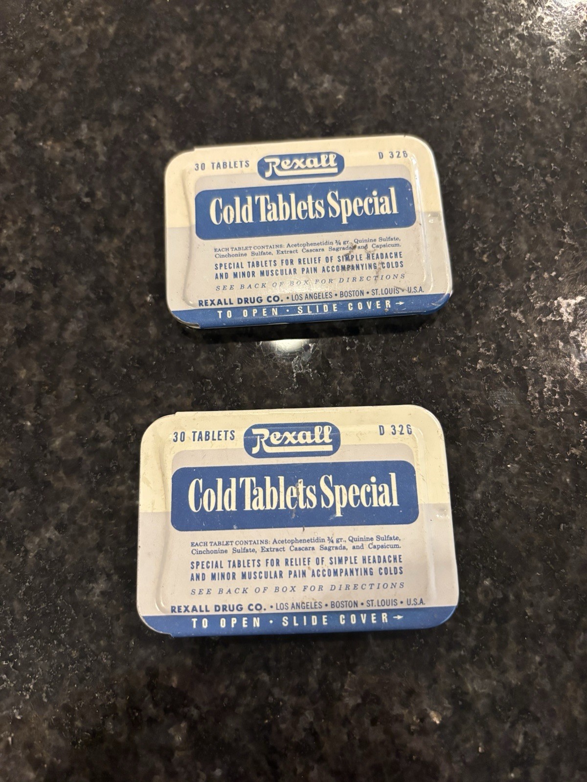 2- Rexall Cold Tablets Special EMPTY metal tins 1938