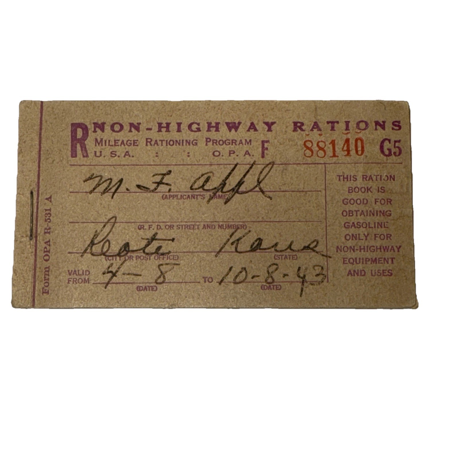 1943-1944 NON HIGHWAY RATIONS BOOKLET 1 FULL PAGE LEFT Kansas WWII World War Two