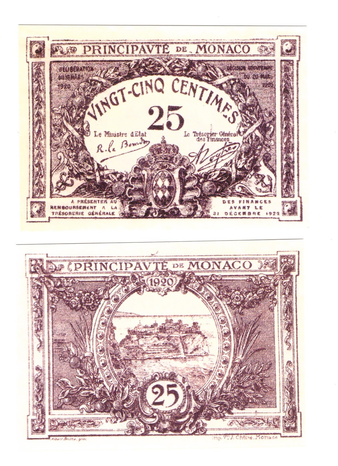 u Reproduction Note Monaco 25 Centimes 1920 Pick #2 1729R