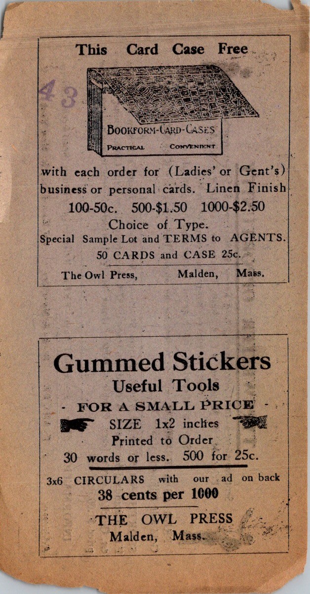 Early 1900s Owl Press Mail Order Advertising Circular Malden Massachusetts