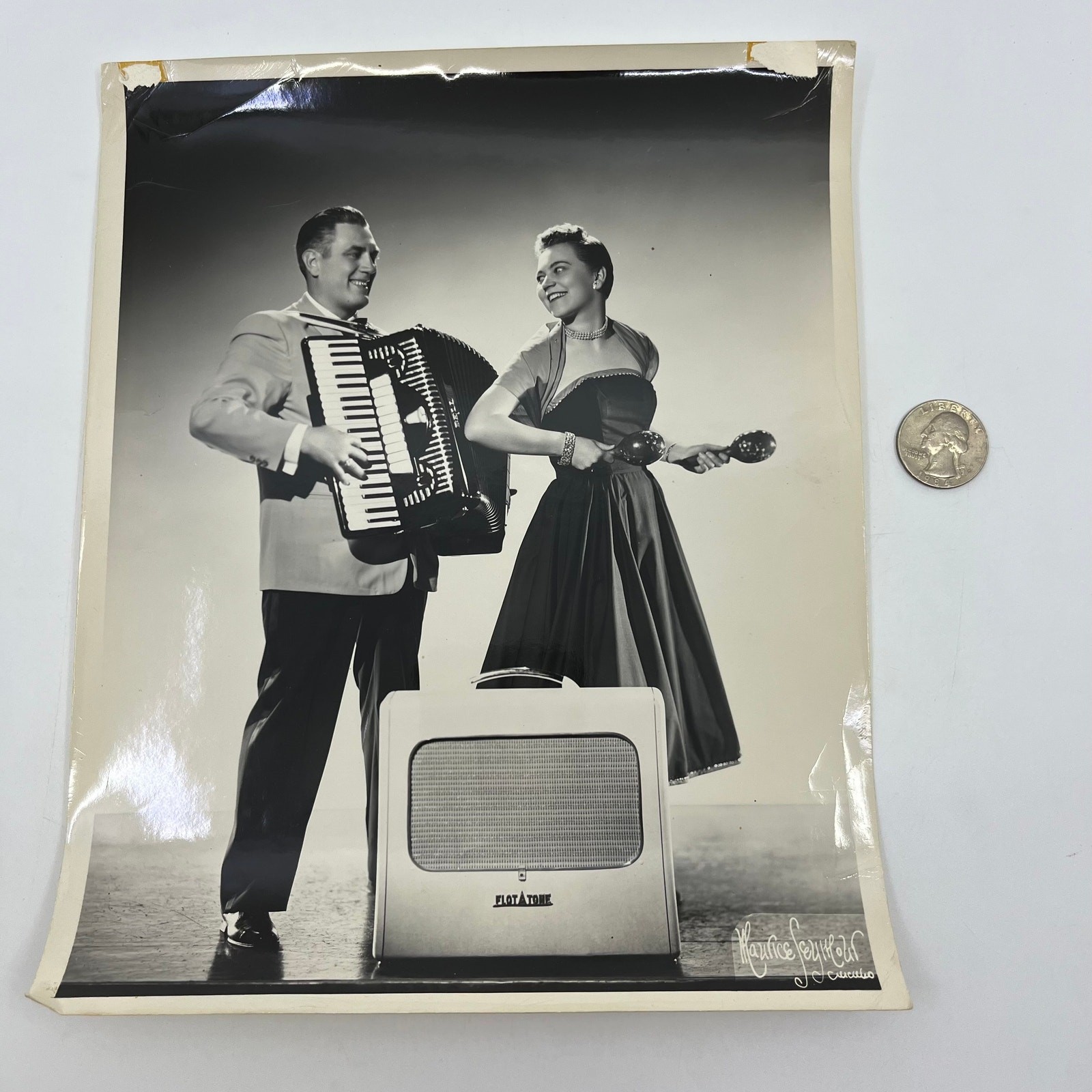 1940s Man & Woman Playing Accordion & Maracas Photograph 8×10″ AB8