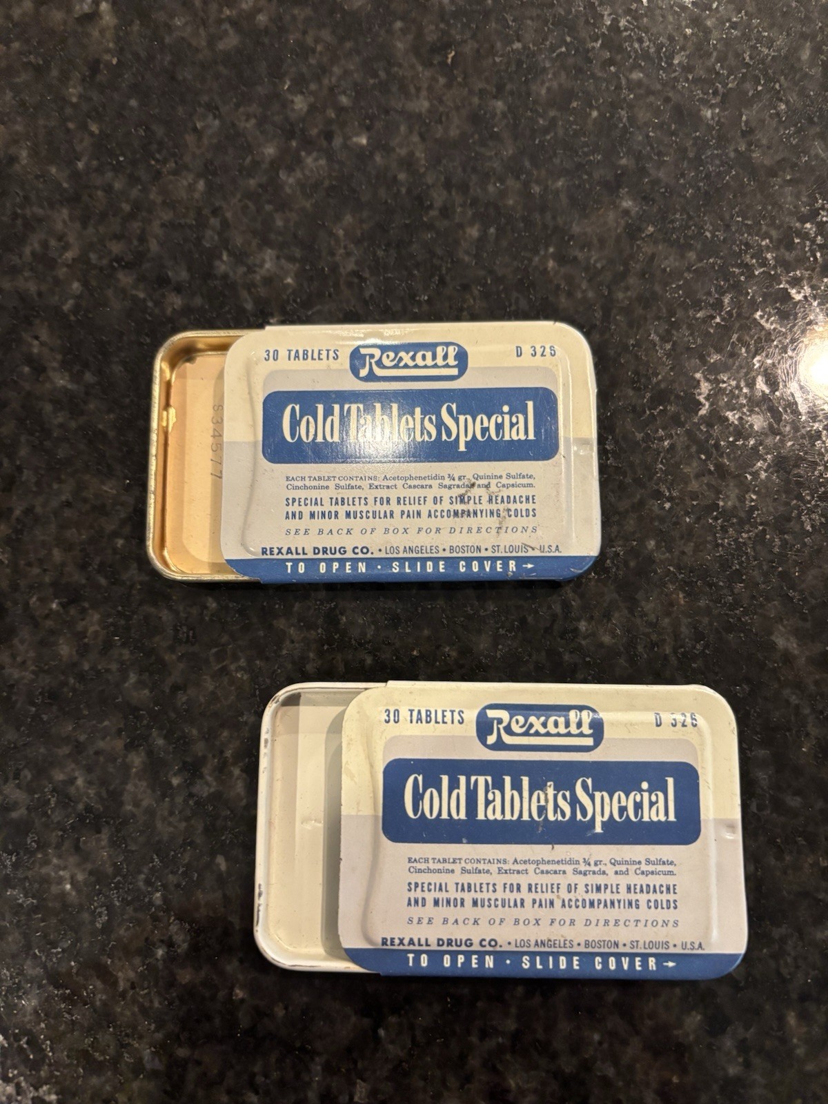 2- Rexall Cold Tablets Special EMPTY metal tins 1938