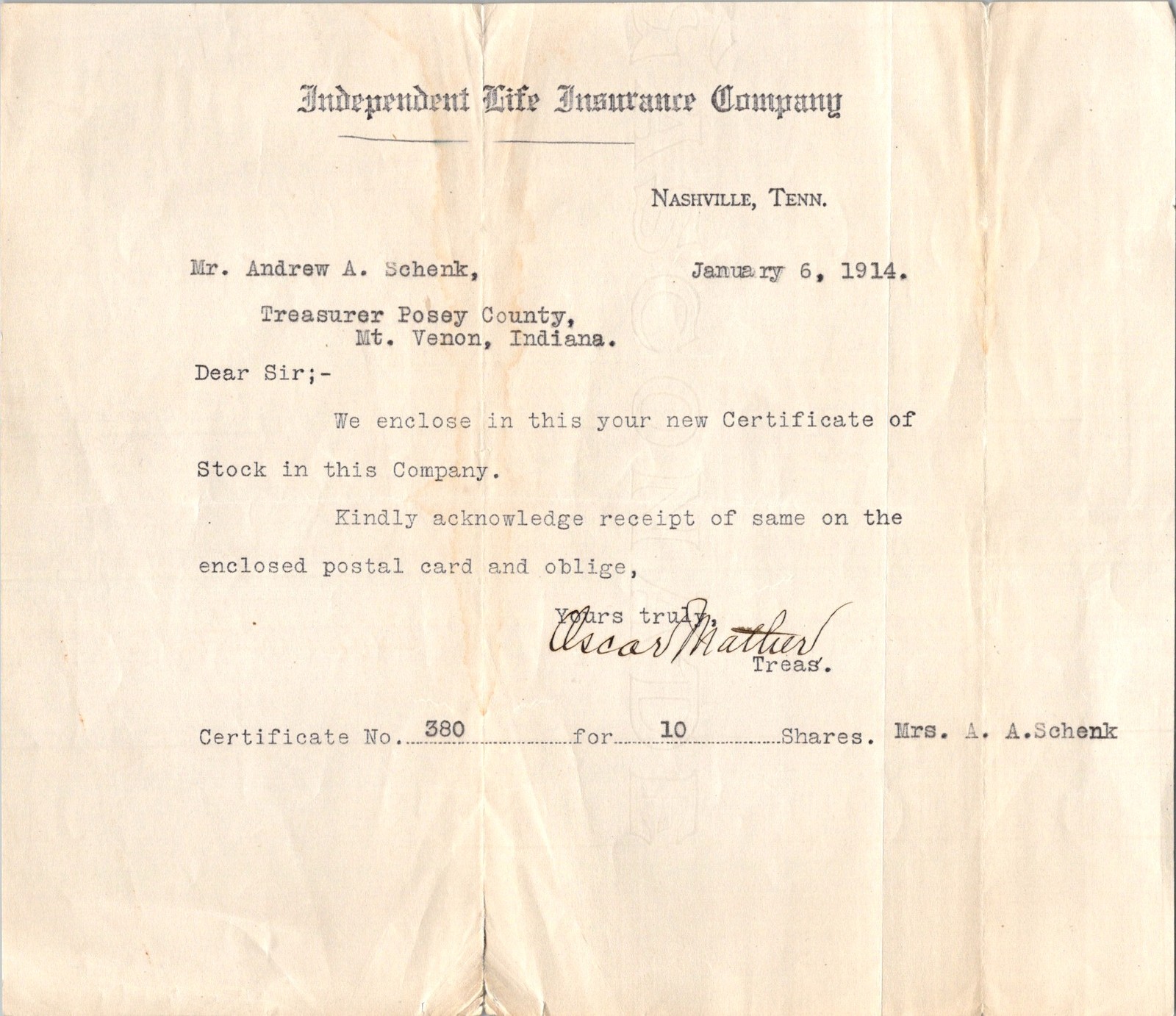 1914 Ind Life Insurance Co Nashville TN Letter to Posey Co Treasurer Stock Cert