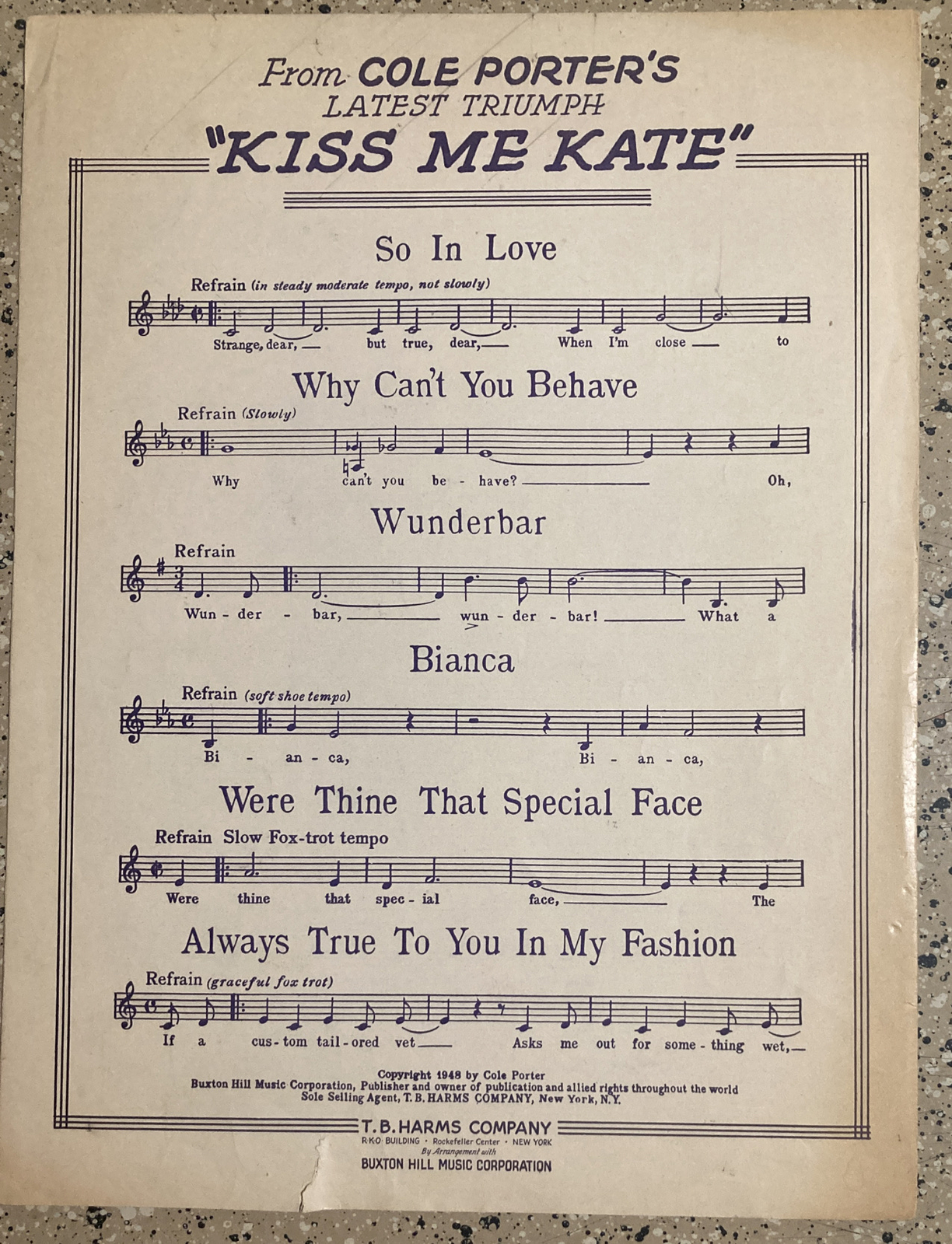 VINTAGE SHEET MUSIC 1948 WUNDERBAR KISS ME KATE COLE PORTER MUSICAL COMEDY
