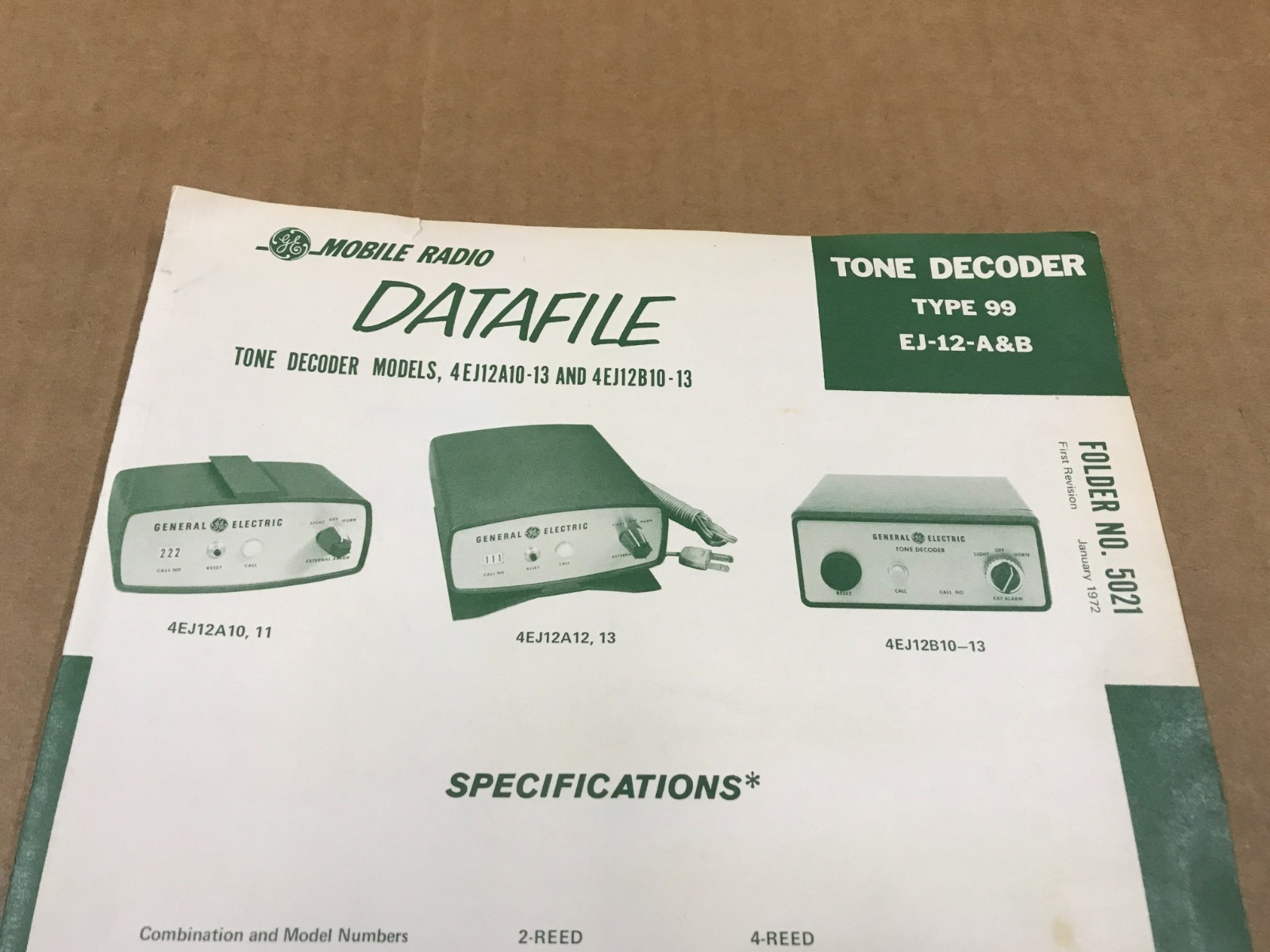 Vintage GE Datafile- Tone Decoder Models Type 99 EJ-12-A&B – Folder #5021
