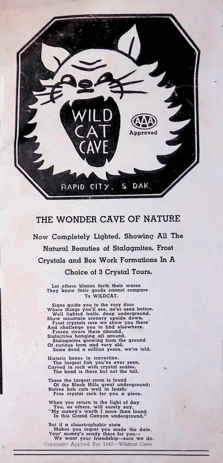 1942 Wild Cat Cave Ad Black Hills SD Brochure Page Stalactites Lithograph
