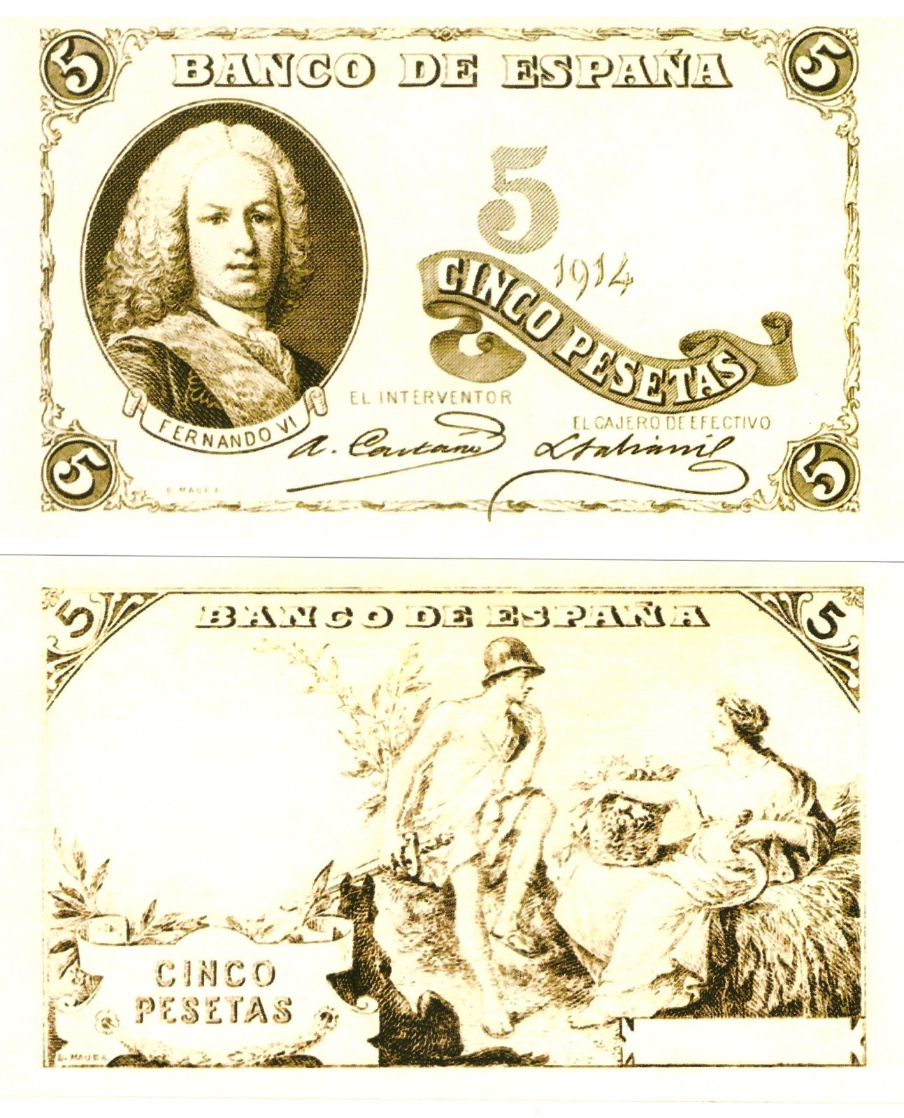 u Reproduction Note Spain 5 Pesetas 1914 Pick #68A 4714R