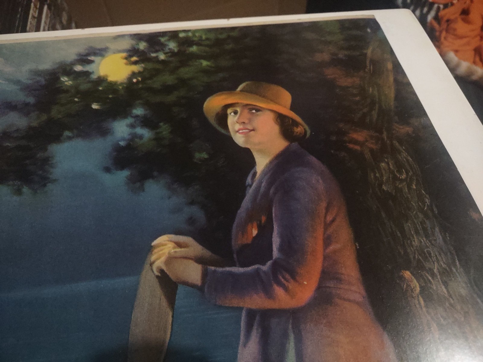 EARLY 1900’S VINTAGE CHROMOLITHOGRAPH PRINT YOUNG WOMAN MOONLIGHT CANOE PADDLE