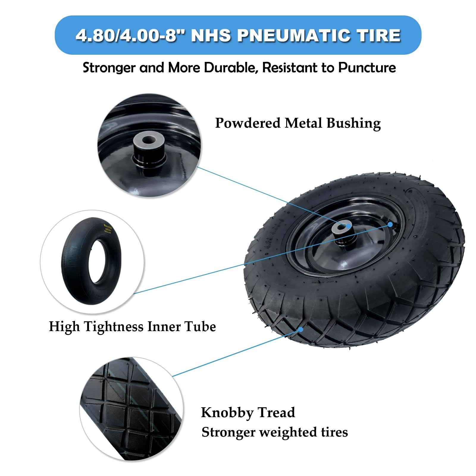 2-Pack of 4.80/4.00-8″Wheels,16″ Pnuematic Tires,Steel Rim and 5/8″or 3/4″ Ax…