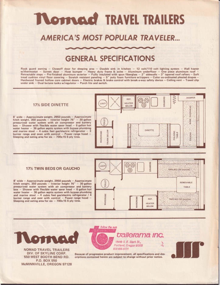 Nomad Travel Trailers sales folder 1970s McMinnville OR