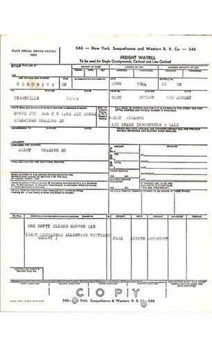 1964 NYS & W RR Waybill Reading Hopper RDG 79395 Cement Empty Railroadiana Paper