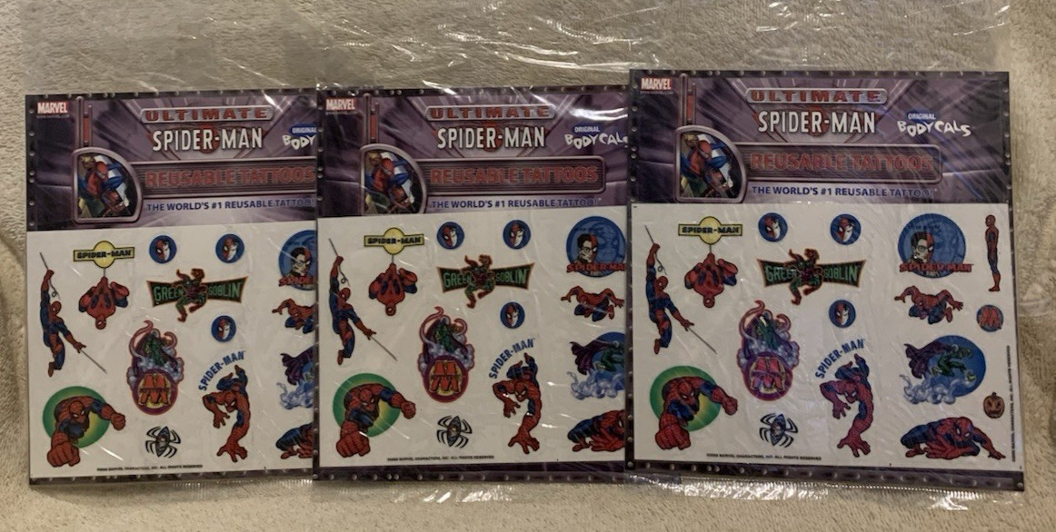 51 Pc Lot 2002 Marvel SPIDER-MAN Reusable Tattoos (3 Packages) – NEW