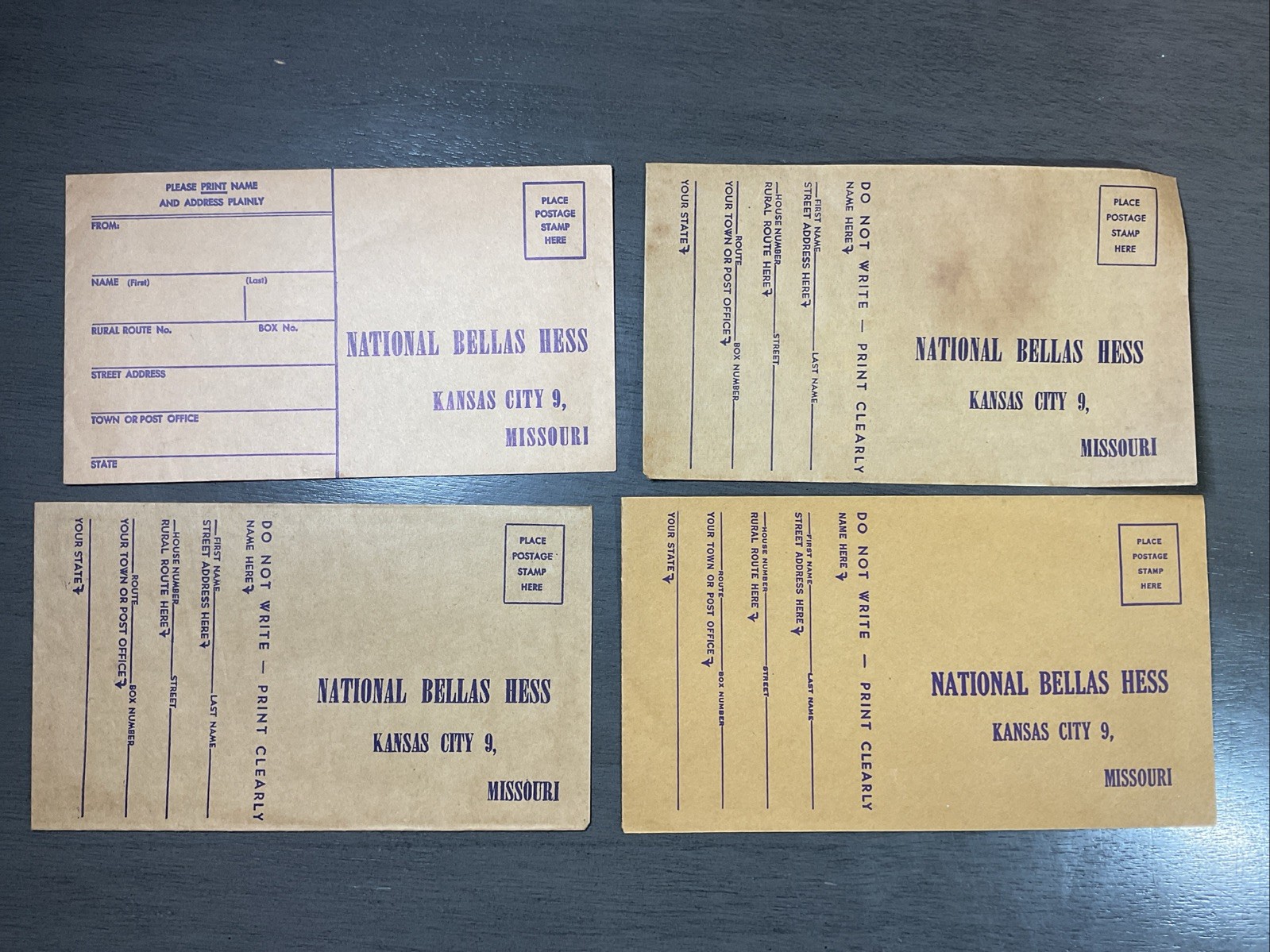 lot of 4 National Bellas Hess Return Mail Order Envelope 1950 Kansas City MO B36