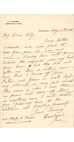 1905 Letter J.P. Campbell Philadelphia PA Edwardian Husband Wife Correspondence