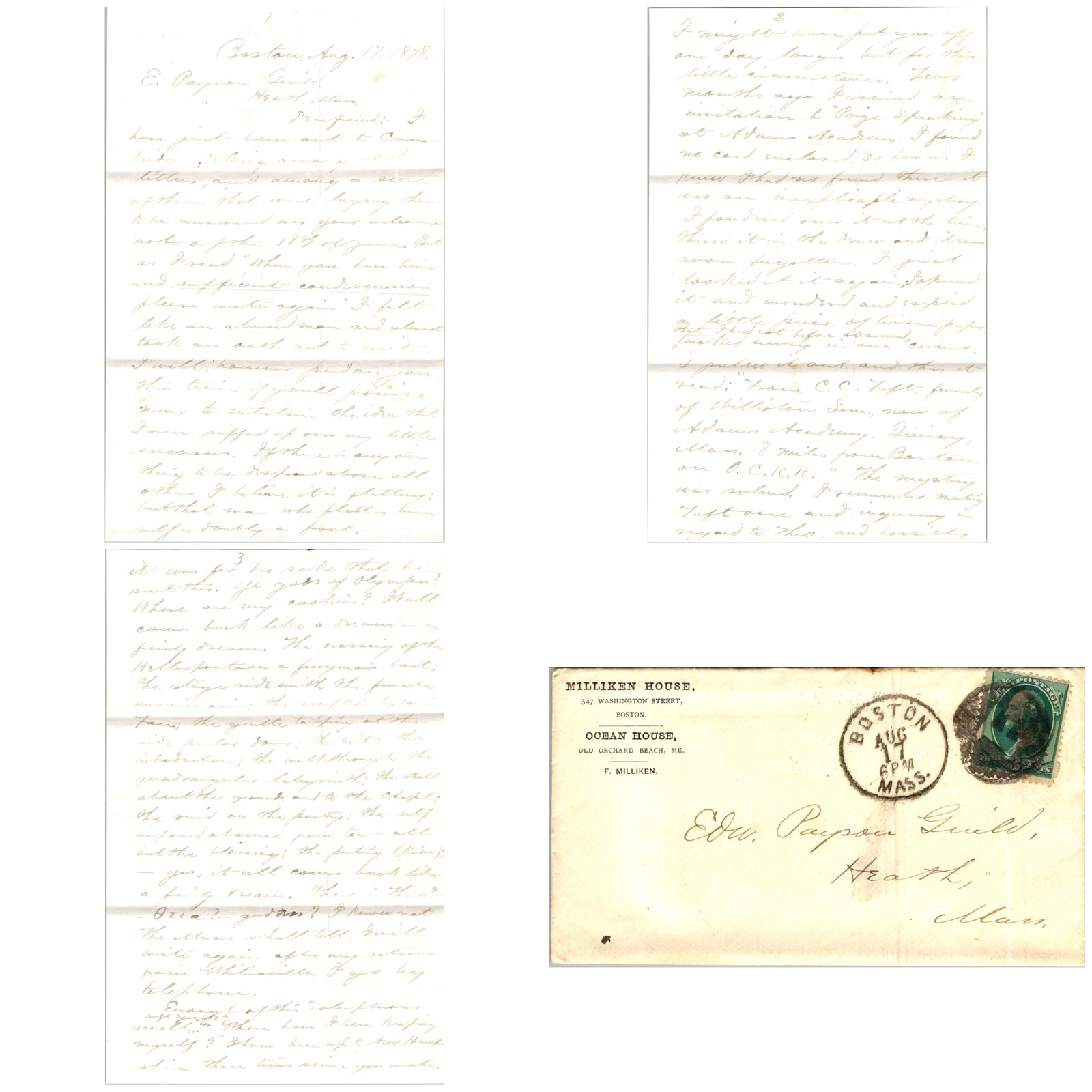 1878 Letter to E. Payson Guild Boston MA w/Envelope & 3-Cent Postage Stamp