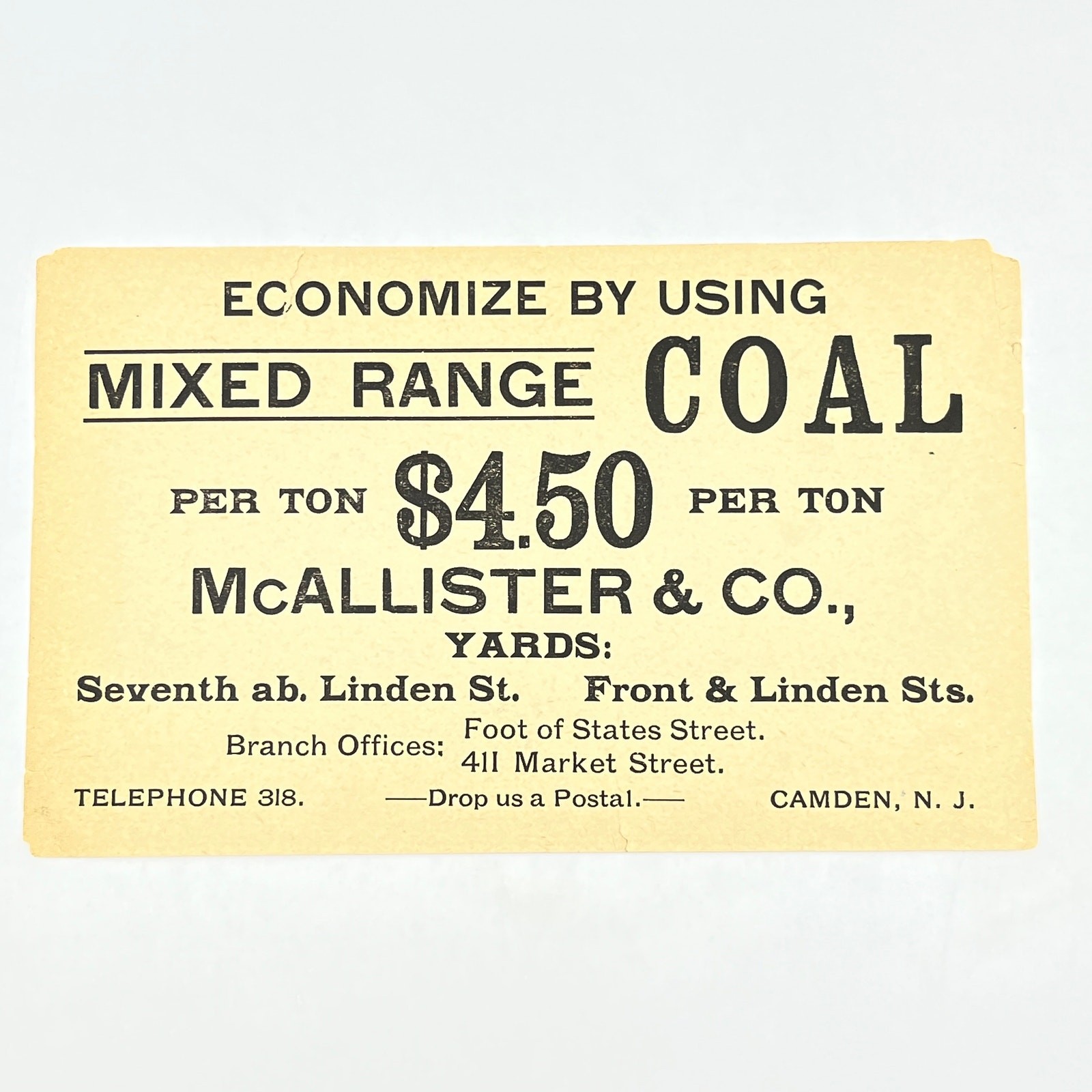 c1910 Mixed Range Coal Ad McAllister & Co. Camden NJ AB8