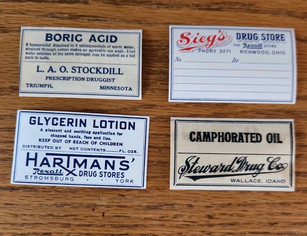 Rjkstamps VINTAGE PHARMACY DRUG STORE Labels 4 Different Stores