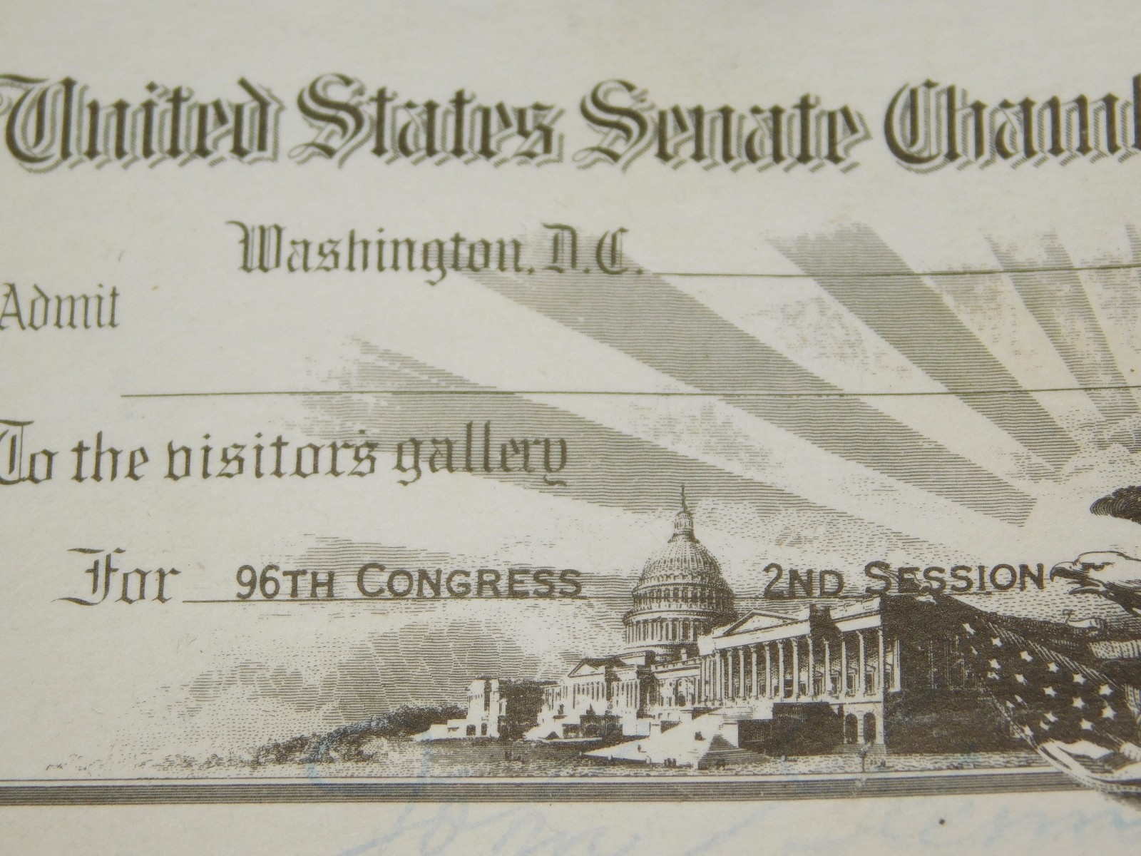 VINTAGE 1980 UNITED STATES SENATE CHAMBER WASHINGTON DC VISITORS PASS CARD