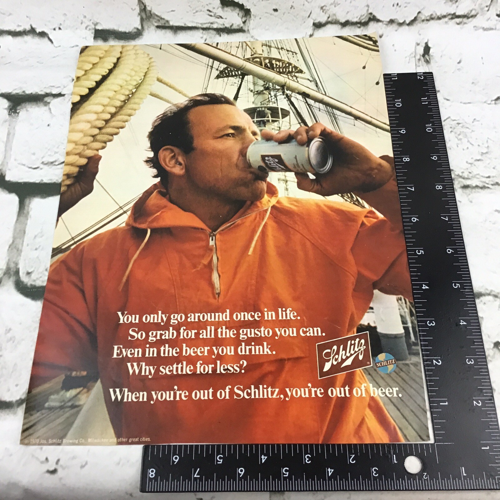 Vintage 1970 Schlitz Beer Milwaukee Advertising Art Print Ad Fisherman Sailing