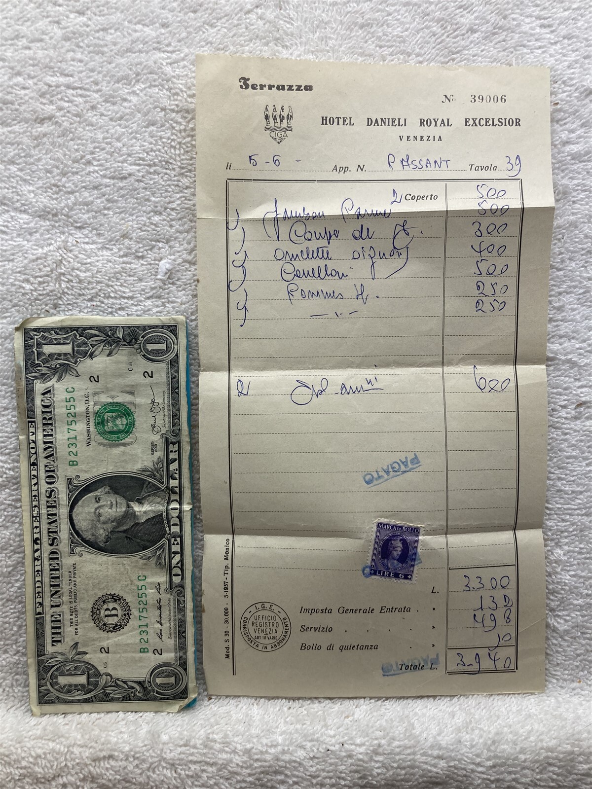 1939 Hotel Danieli Royal Excelsior Venezia Receipt Venice Italy Greece Terrazza