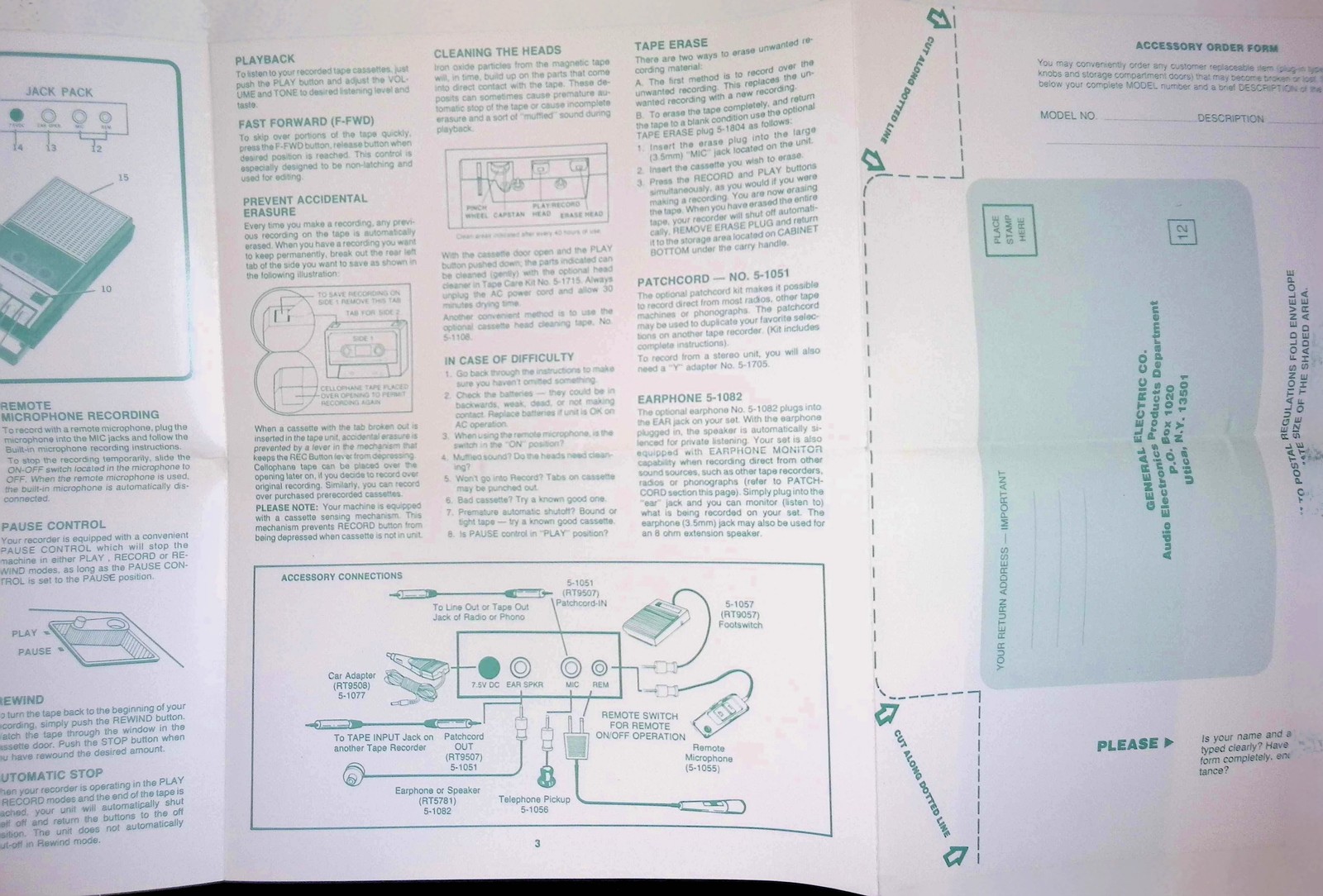 General Electric 3-5105 Portable Cassette Recorder Use Care Guide 1980