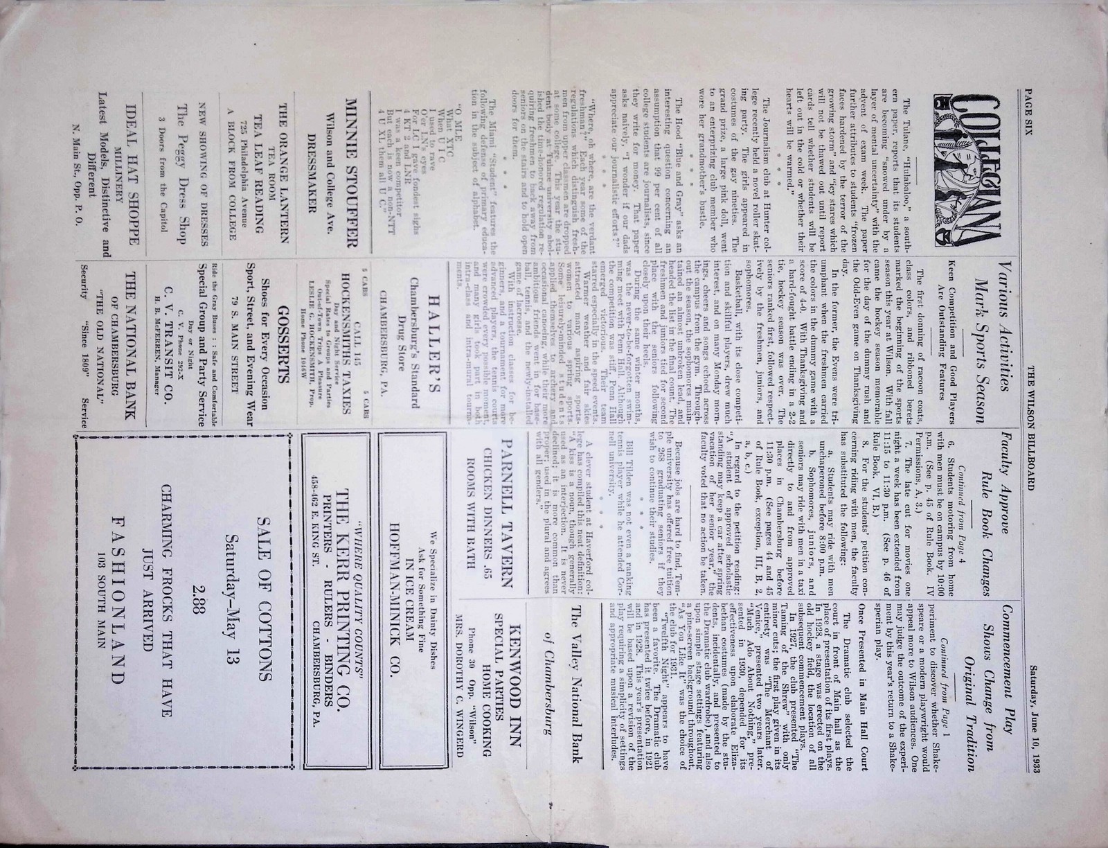 1900s Collegian page six student newspaper vintage letterpress typography