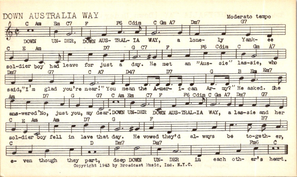Tune-Dex Card 1943 Australia Down Under WWII BMI Sheet Music Radio BigBd