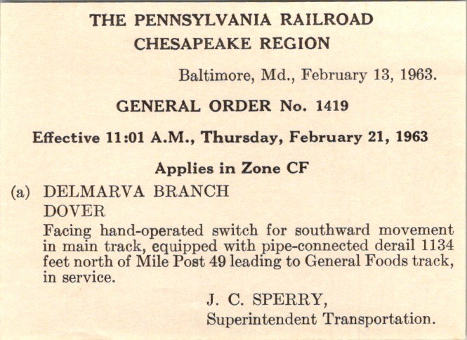 1963 Pennsylvania Railroad General Order No 1419 Delmarva Branch Dover DE Derail