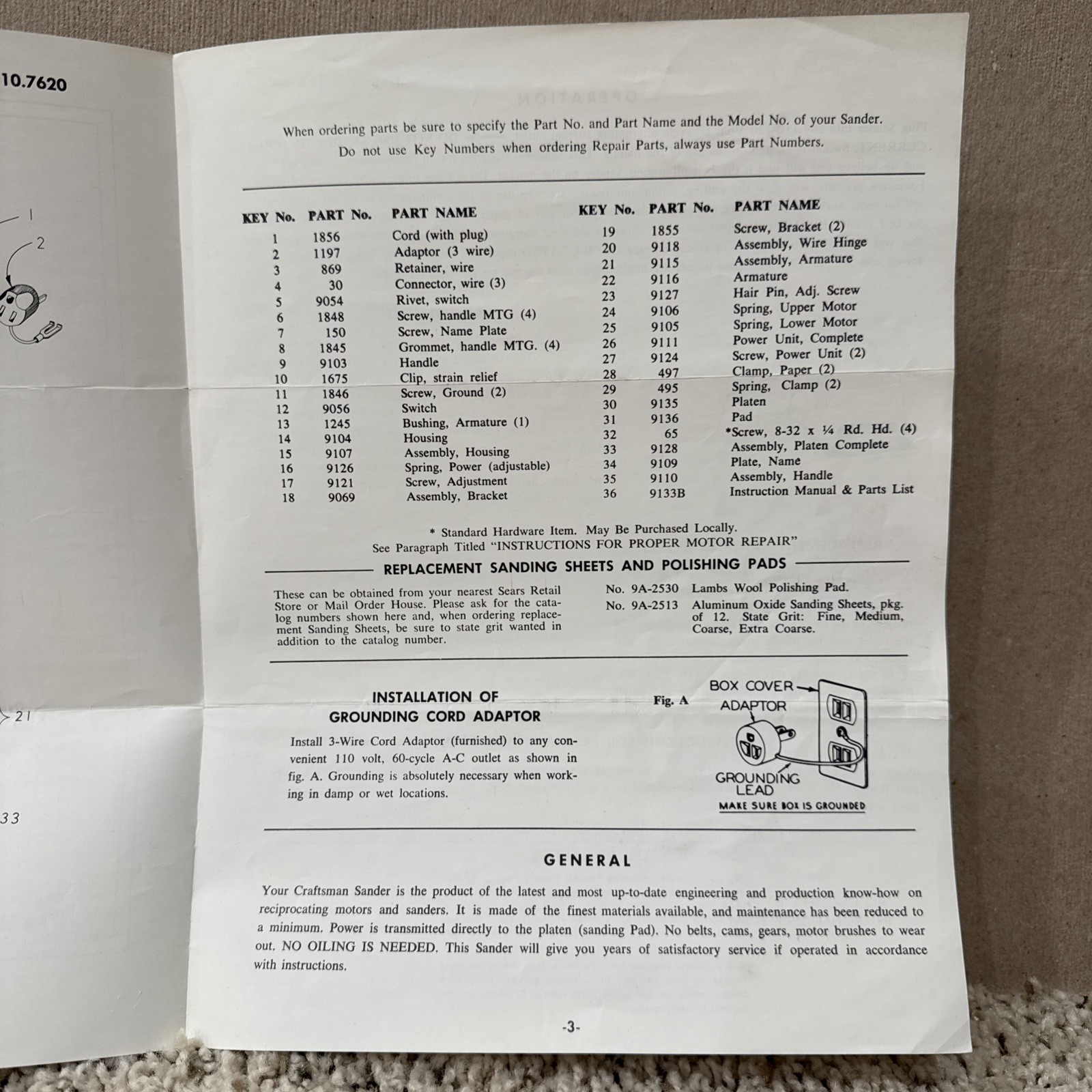 1960’s Craftsman Sander & Polisher Sears 110-7620 Owners Manual Vtg