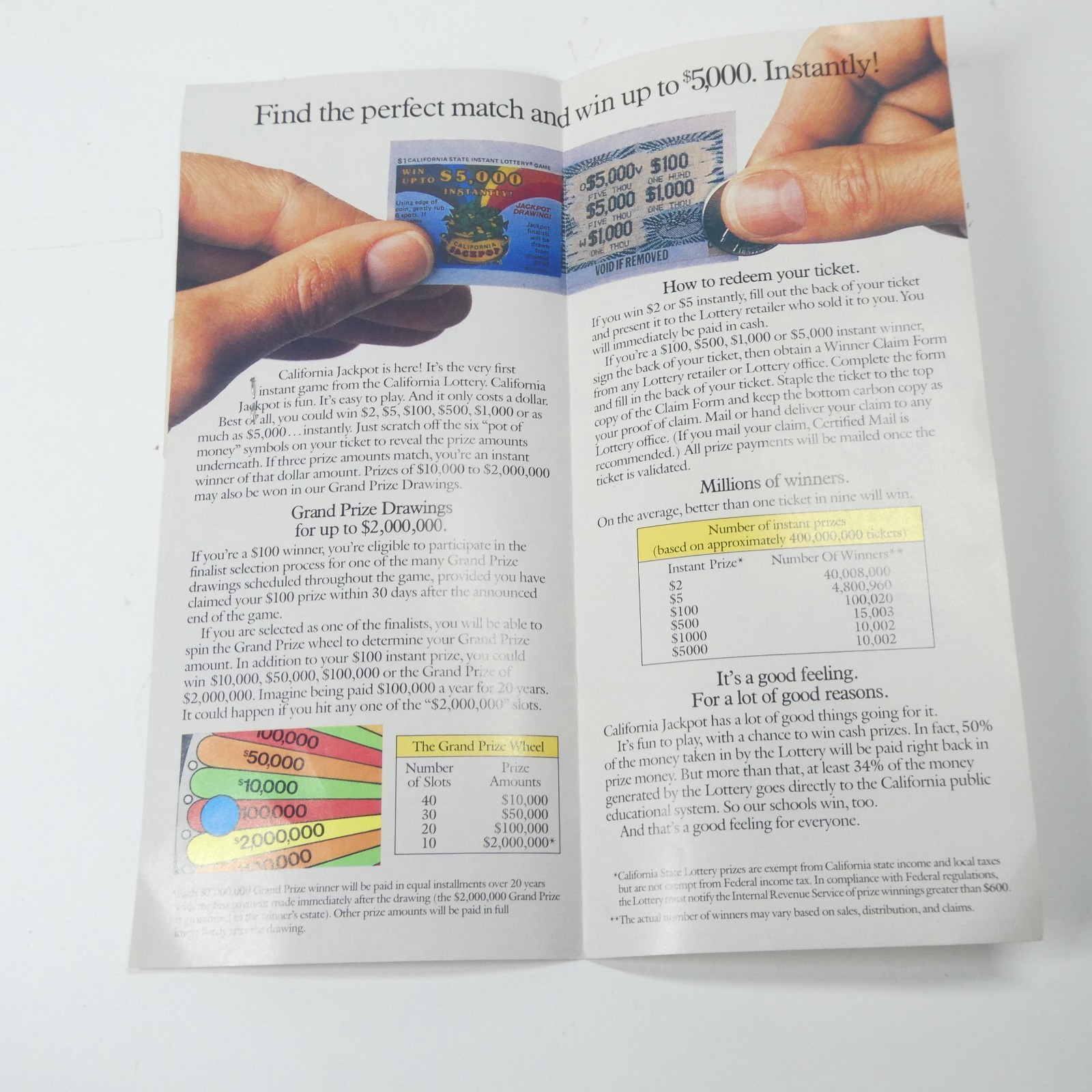 California Lottery 1985 Scratch Off Tickets & Brochure Vintage
