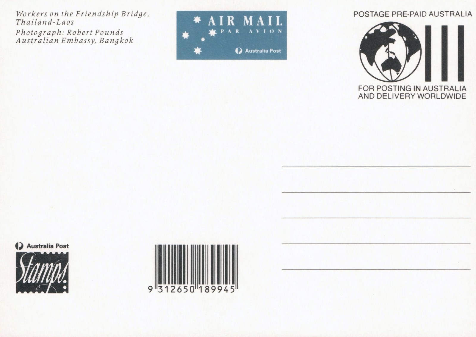 1994 Workers on Friendship Bridge Thailand POSTCARD Maxi card Cancelled Canberra