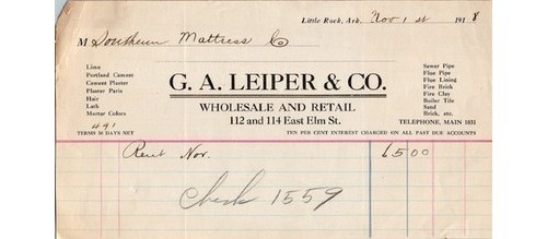 1918 G. A. Leiper & Co. Building Supply Invoice Little Rock AR – Lumber Trade