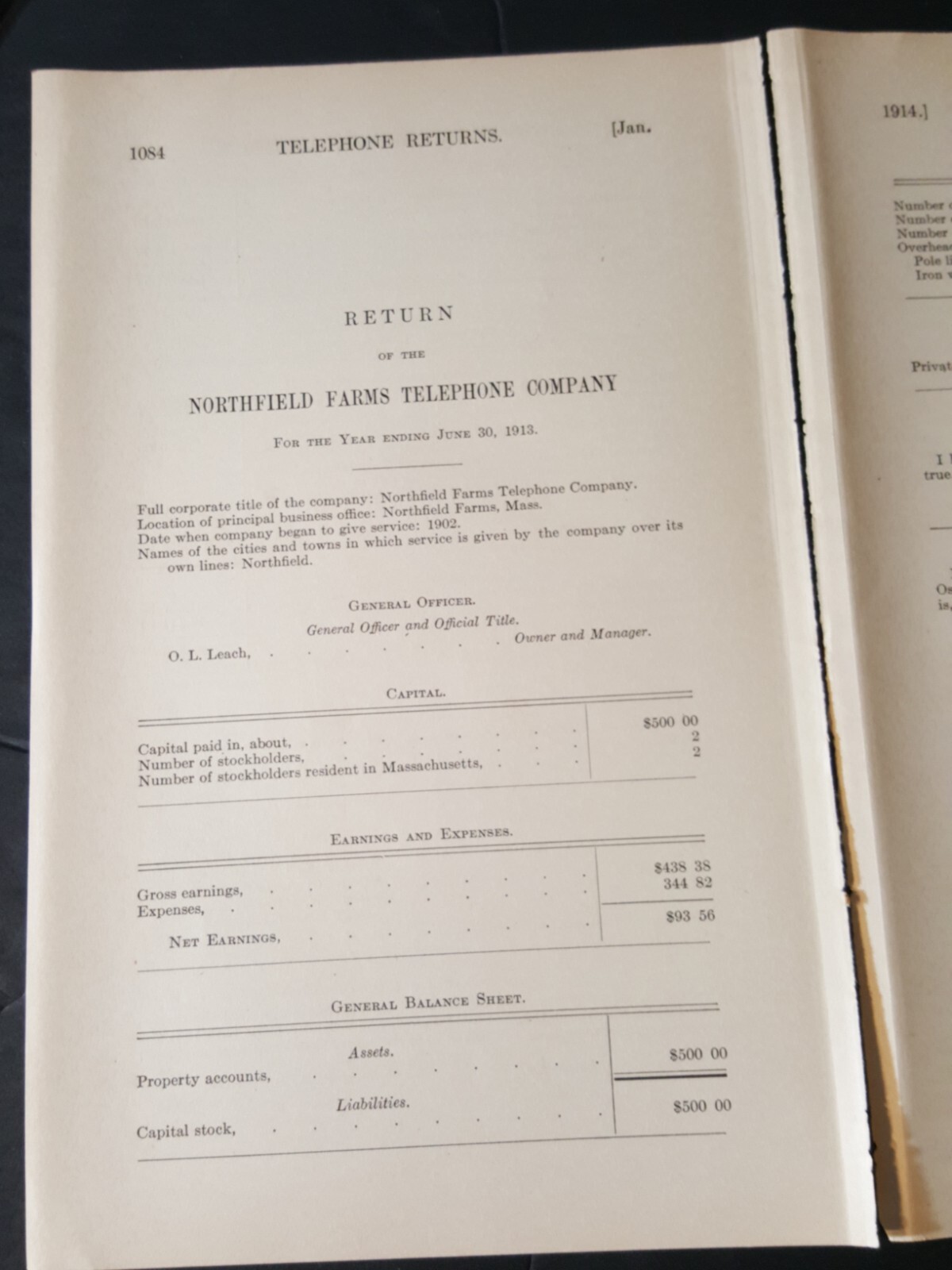 1913 report NORTHFIELD FARMS TELEPHONE COMPANY Massachusetts Franklin County