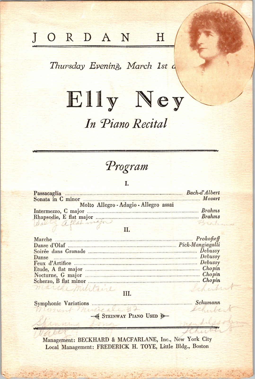 Elly Ney 1920s Piano Recital Program Jordan Hall Boston Rose Ackerman Scrapbook