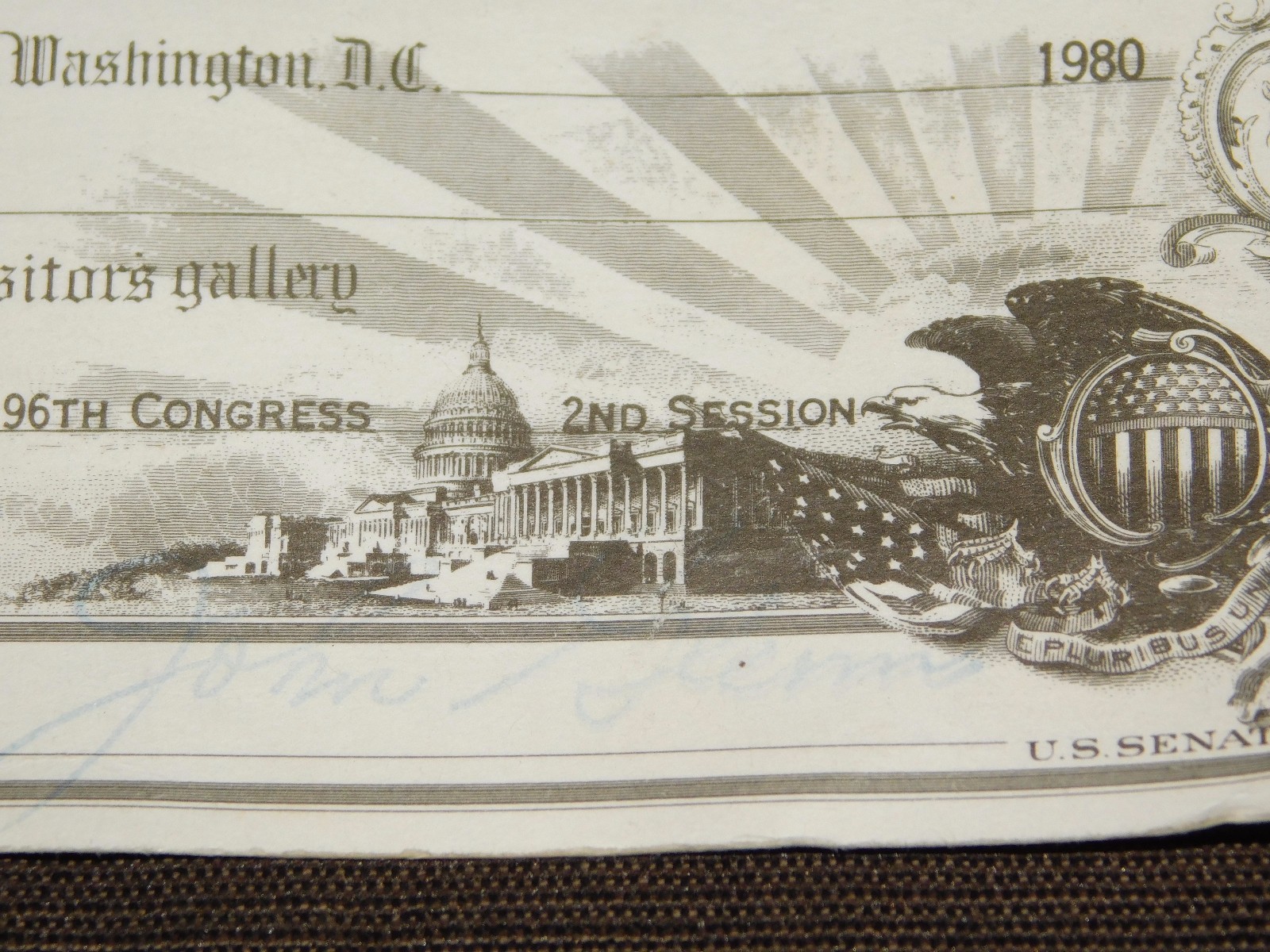 VINTAGE 1980 UNITED STATES SENATE CHAMBER WASHINGTON DC VISITORS PASS CARD