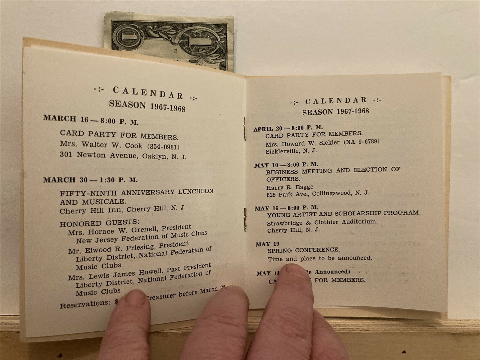 1967 1968 Season Beethoven Club of Camden Concert Schedule New Jersey NJ Vtg Vtg