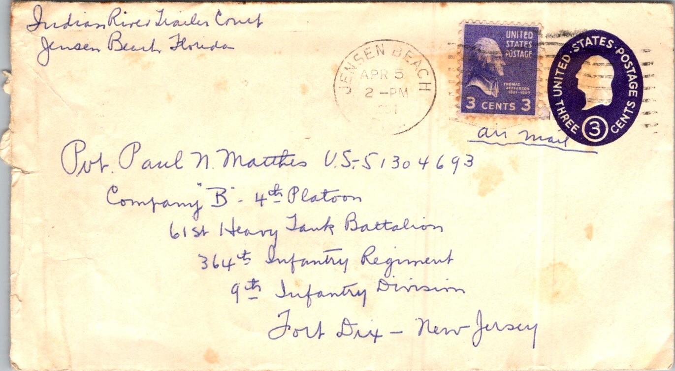 1950s Jensen Beach FL to Fort Dix NJ MS Letter w/ Postal Envelope Soldier