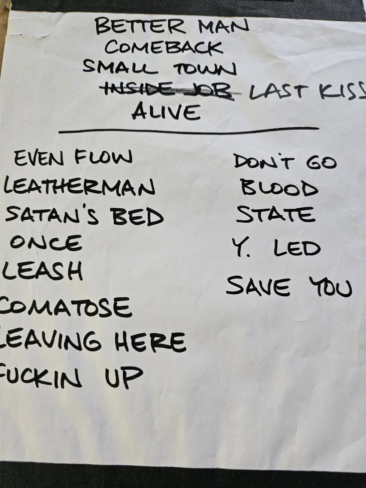 Eddie Vedder HAND WRITTEN “LAST KISS” Setlist Pearl Jam Concert ORIGINAL