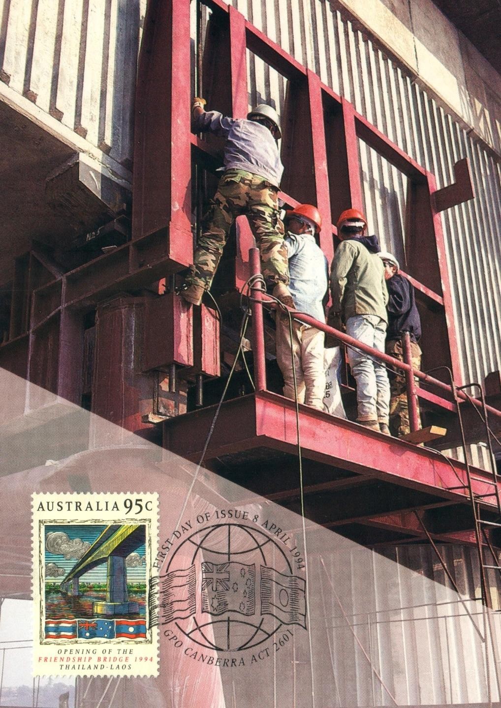 1994 Workers on Friendship Bridge Thailand POSTCARD Maxi card Cancelled Canberra