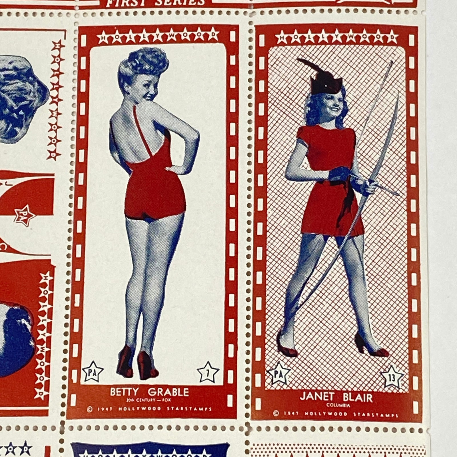1947 Hollywood Starstamps Sheet Betty Grable Rhonda Fleming Janet Blair VTG