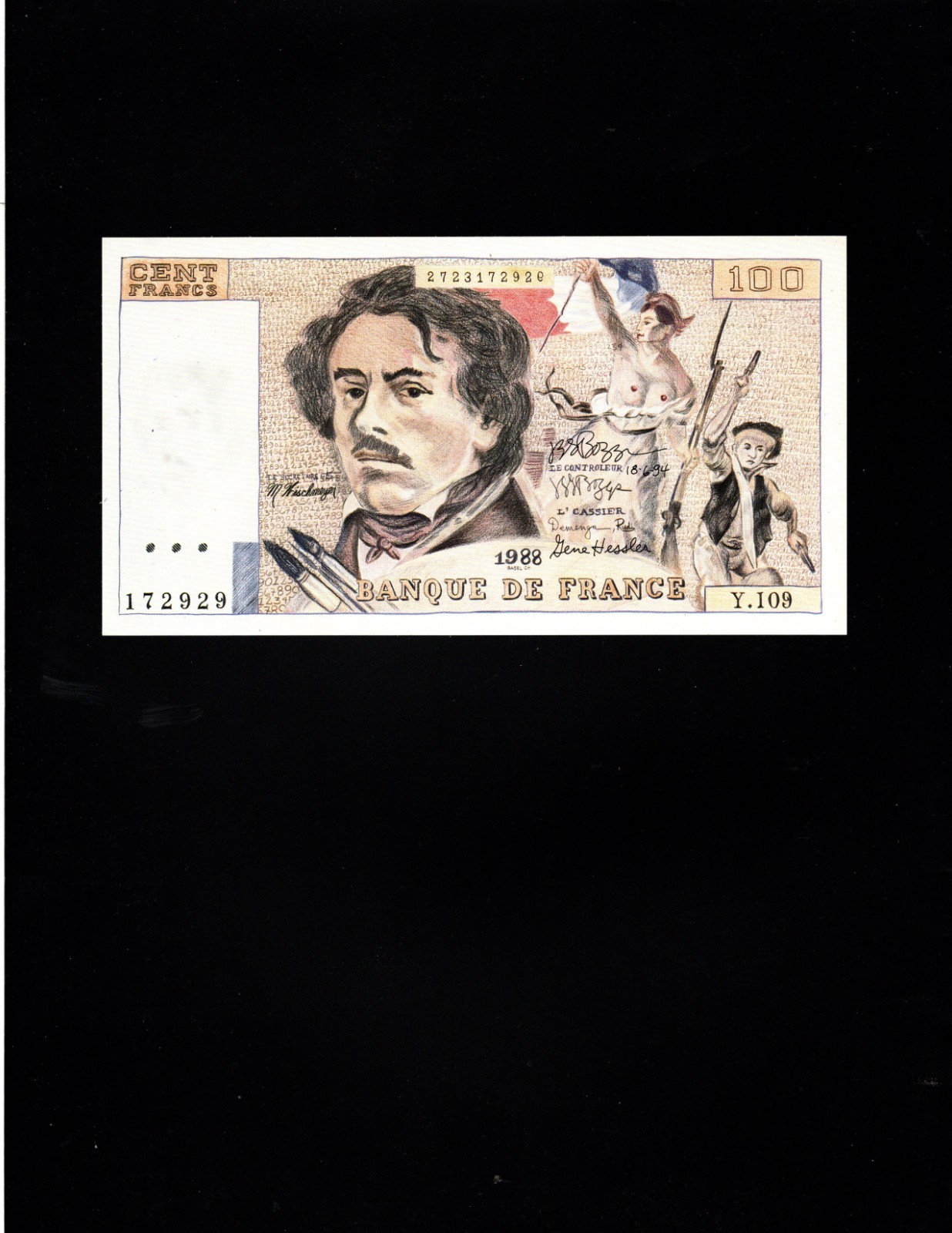 JSG Boggs Art Note – 100 Francs Note – 1988 for Gene Hessler – Uncirc.